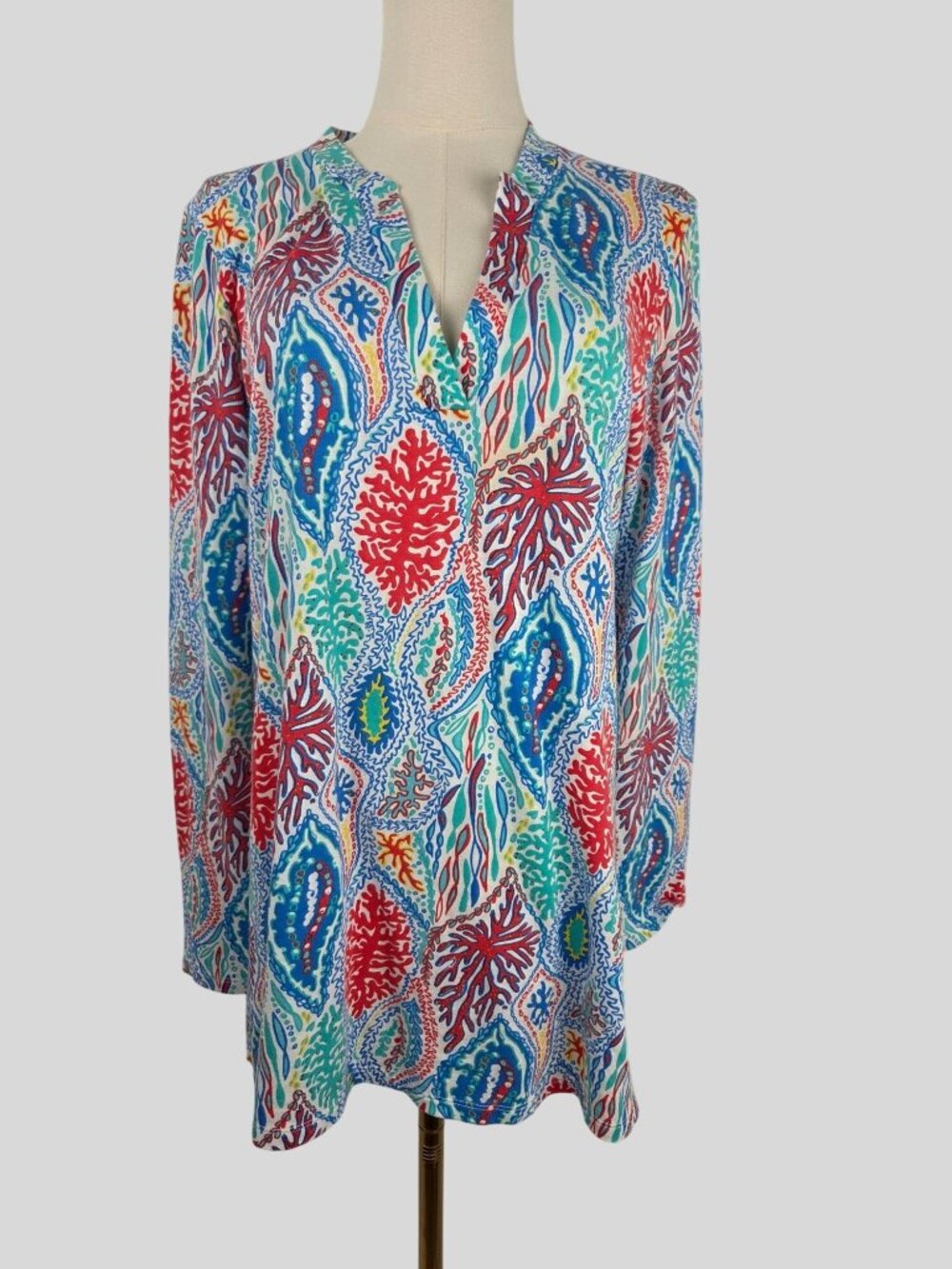 Lilly Pulitzer Odette Tunic Top Let Minnow Medium Multi Ocean Print Tropical EUC